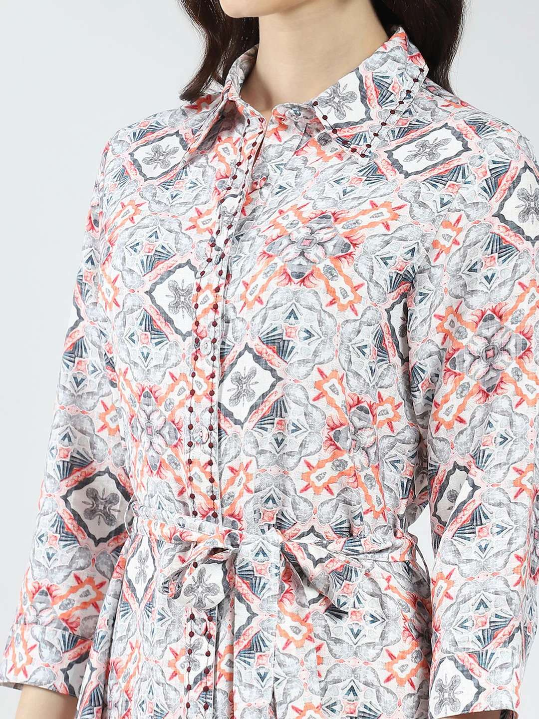 Women Grey Printed Collar 3/4th Sleeve Tunic - Image 7