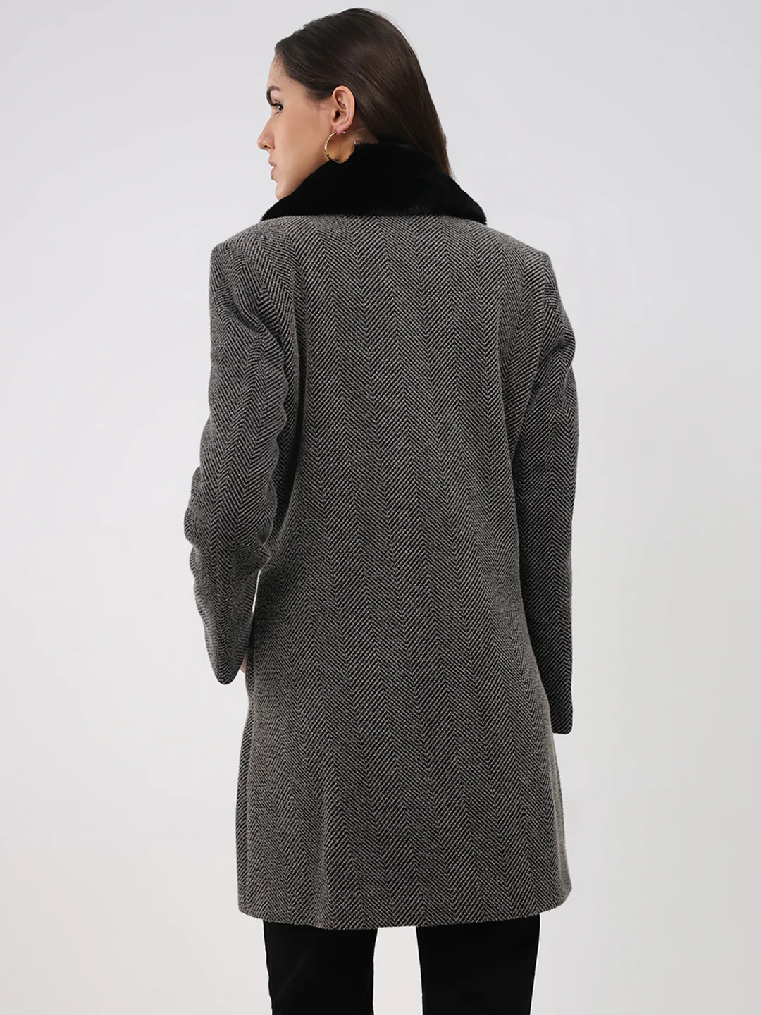 Women Grey Printed Collar Full Sleeve Coat - Image 5