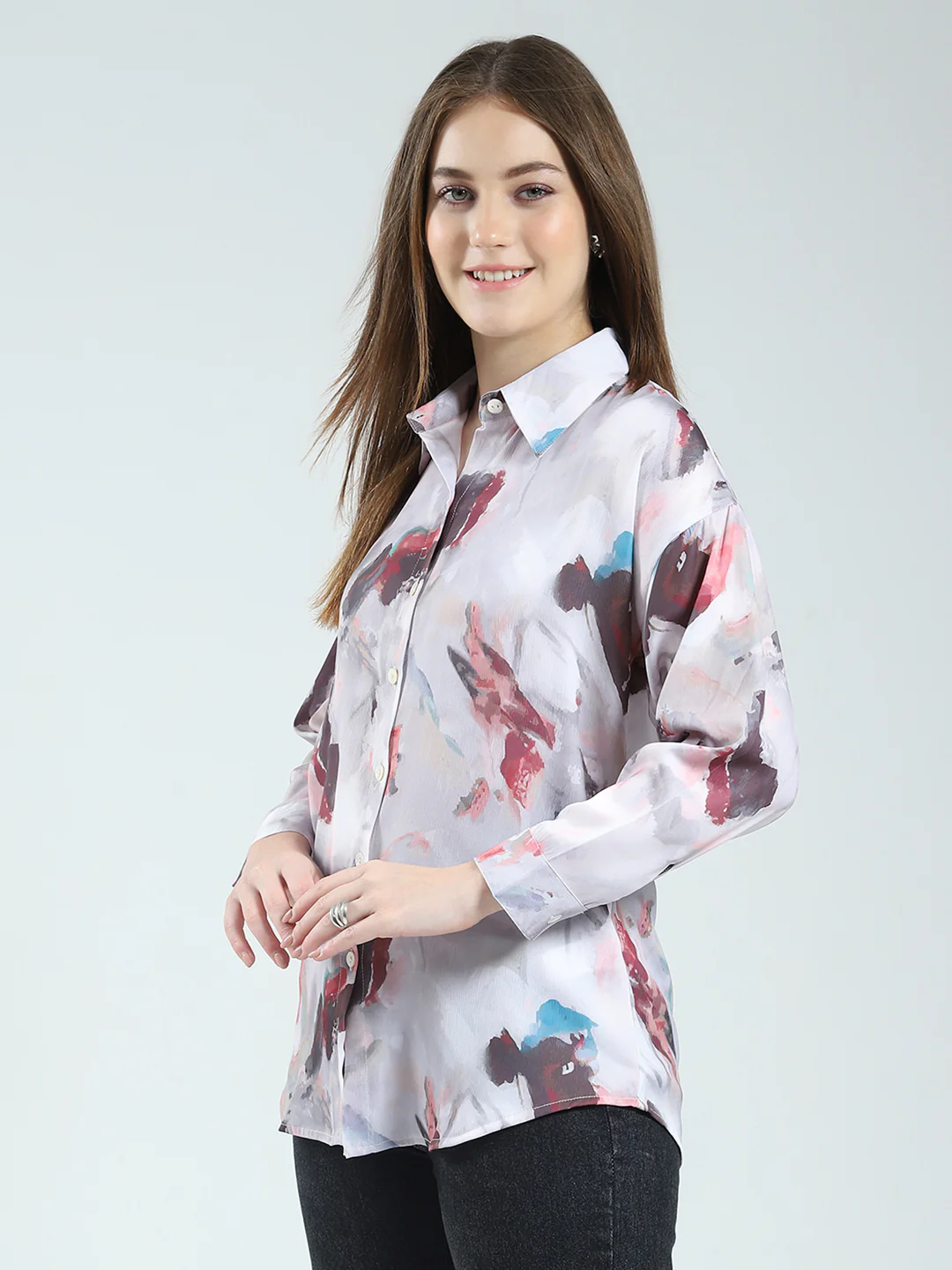 Women Grey Printed Collar Full Sleeve Top - Image 3