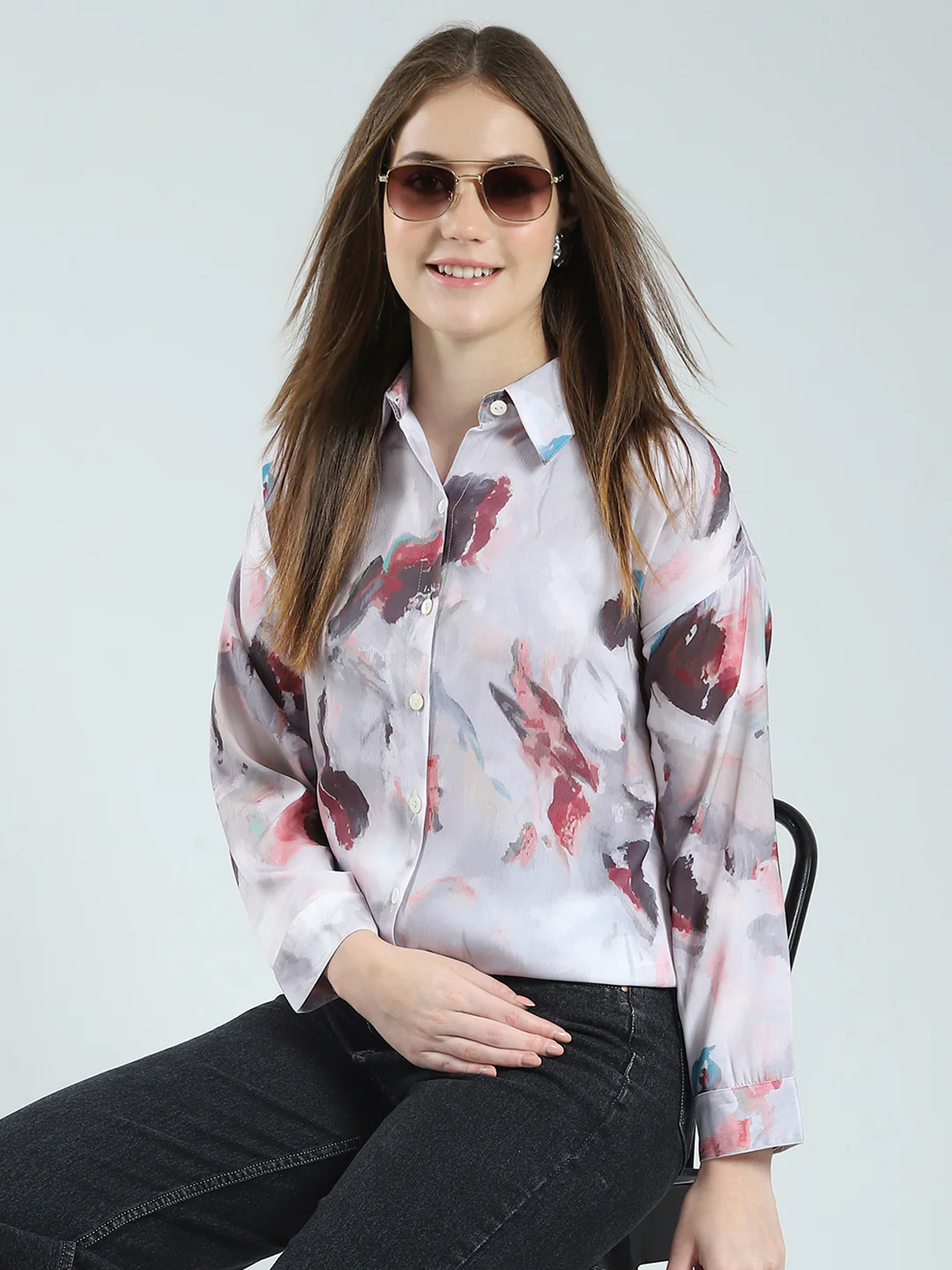 Women Grey Printed Collar Full Sleeve Top - Image 6