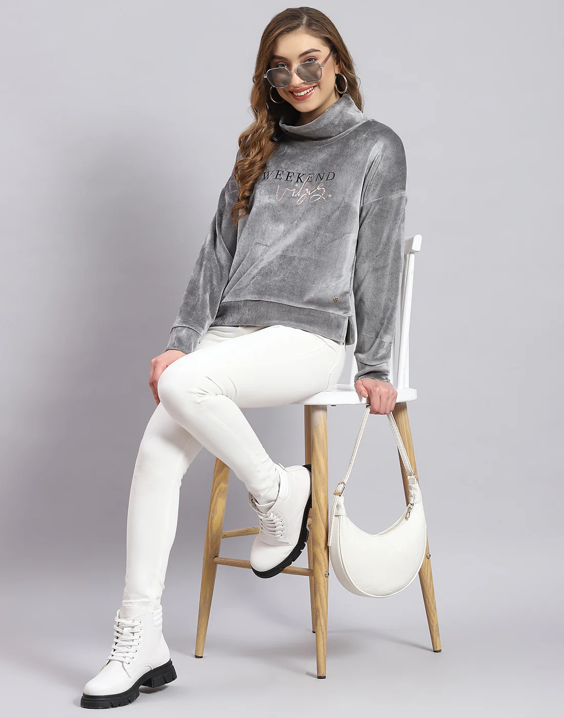 Women Grey Printed H Neck Full Sleeve Sweatshirt - Image 2