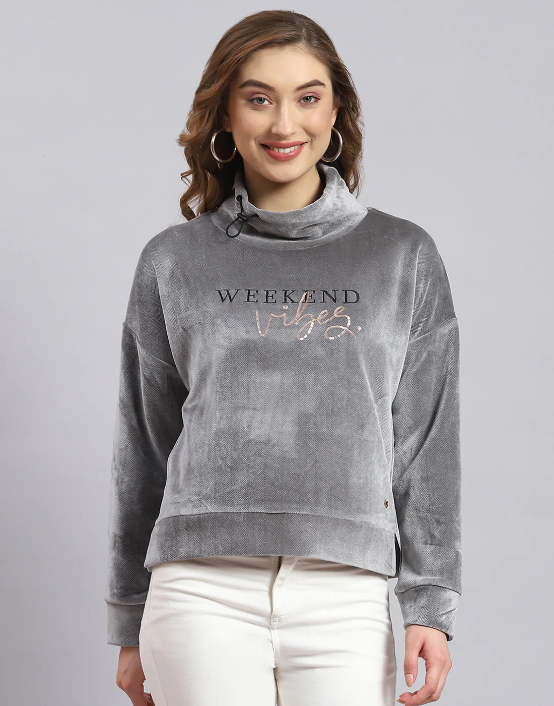 Women Grey Printed H Neck Full Sleeve Sweatshirt - Image 3