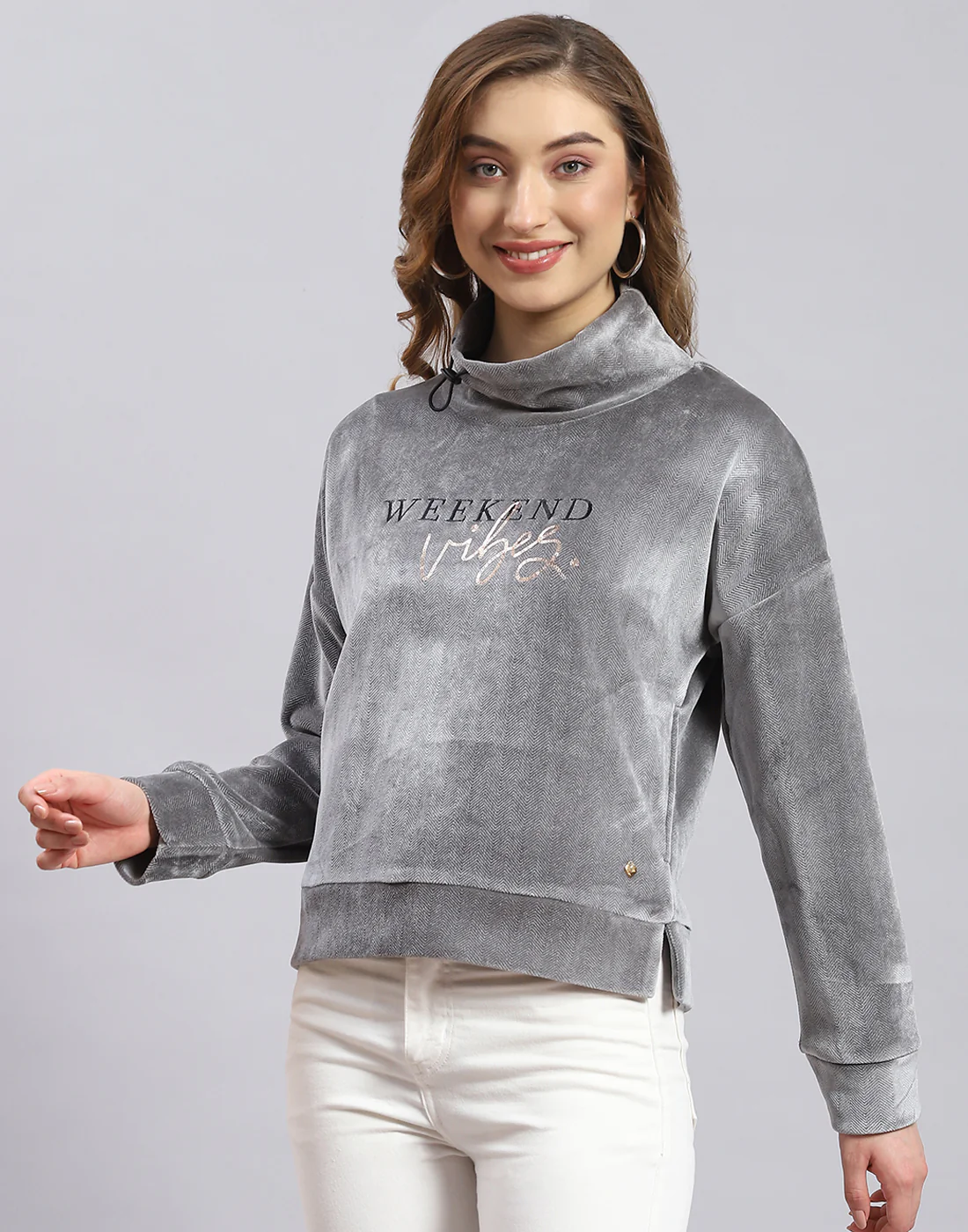 Women Grey Printed H Neck Full Sleeve Sweatshirt - Image 4