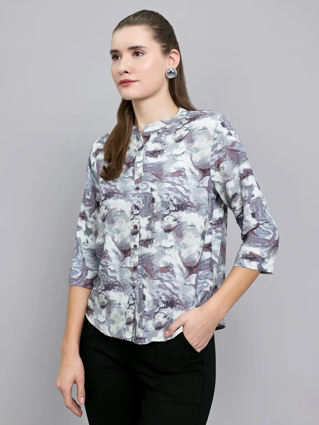 Women Grey Printed Henley Neck 3/4th Sleeve Top - Image 2
