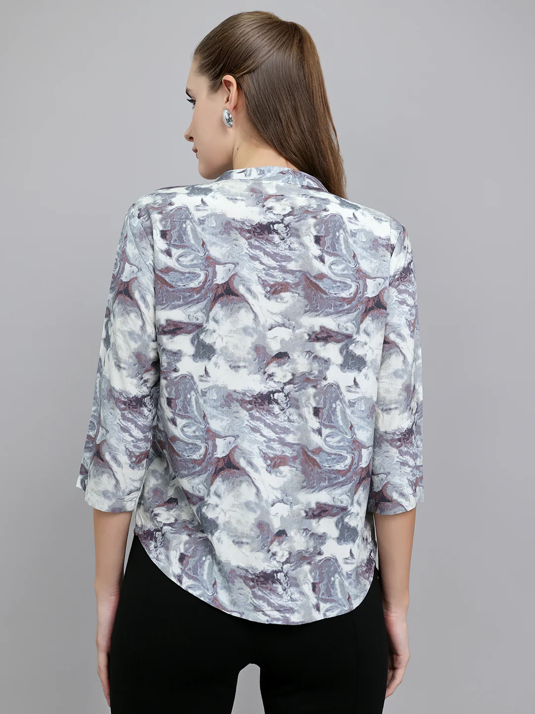 Women Grey Printed Henley Neck 3/4th Sleeve Top - Image 4