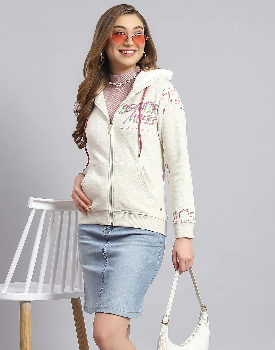 Women Grey Printed Hooded Full Sleeve Sweatshirt - Image 6