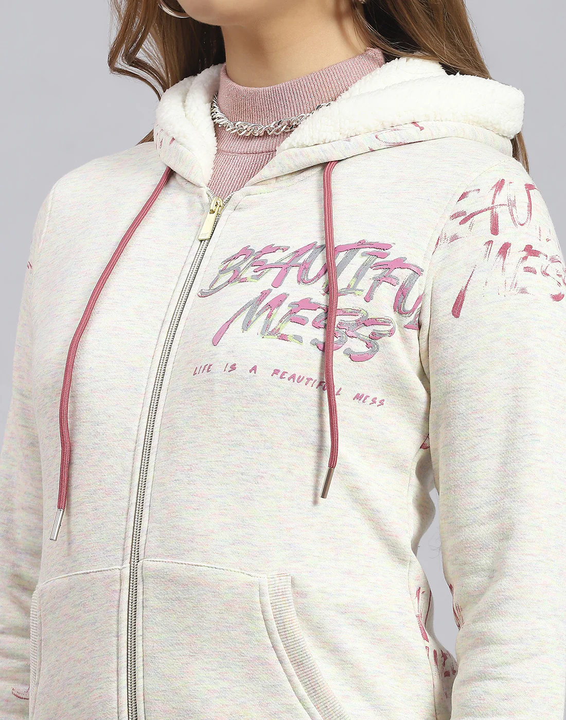Women Grey Printed Hooded Full Sleeve Sweatshirt - Image 7