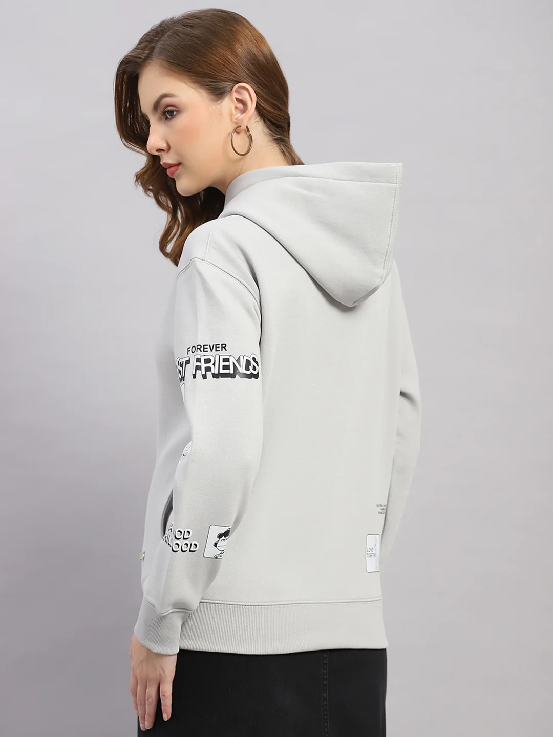 Women Grey Printed Hooded Full Sleeve Sweatshirt - Image 5