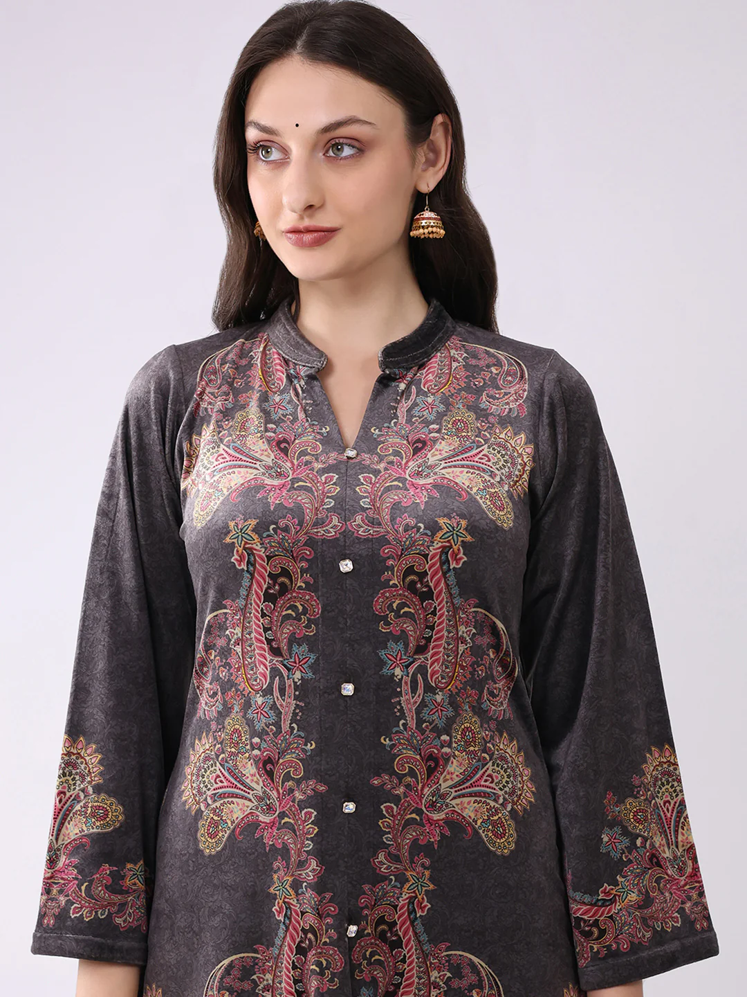 Women Grey Printed Round Neck Full Sleeve Kurti Set for Winter - Image 6