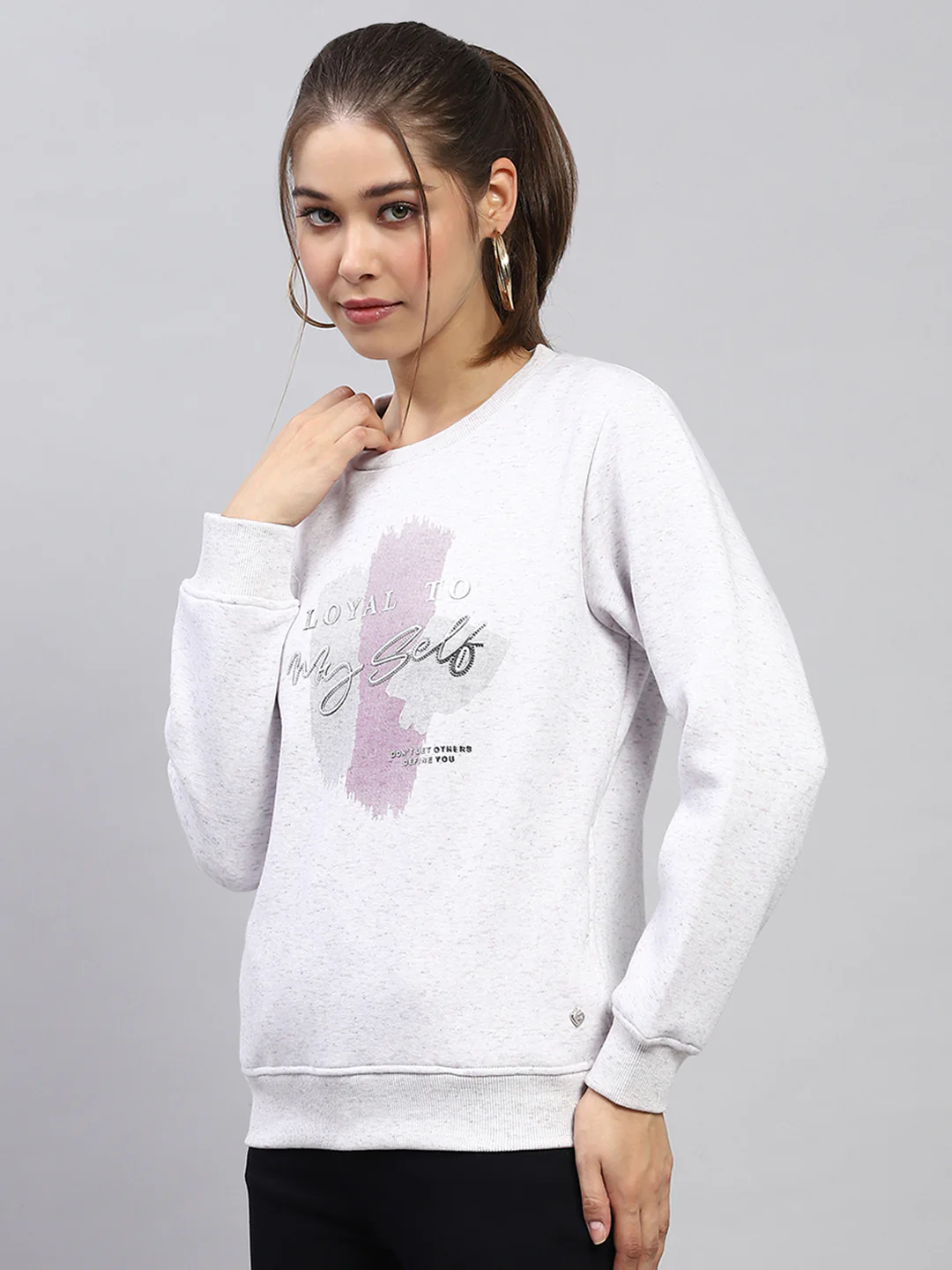 Women Grey Printed Round Neck Full Sleeve Sweatshirt - Image 3