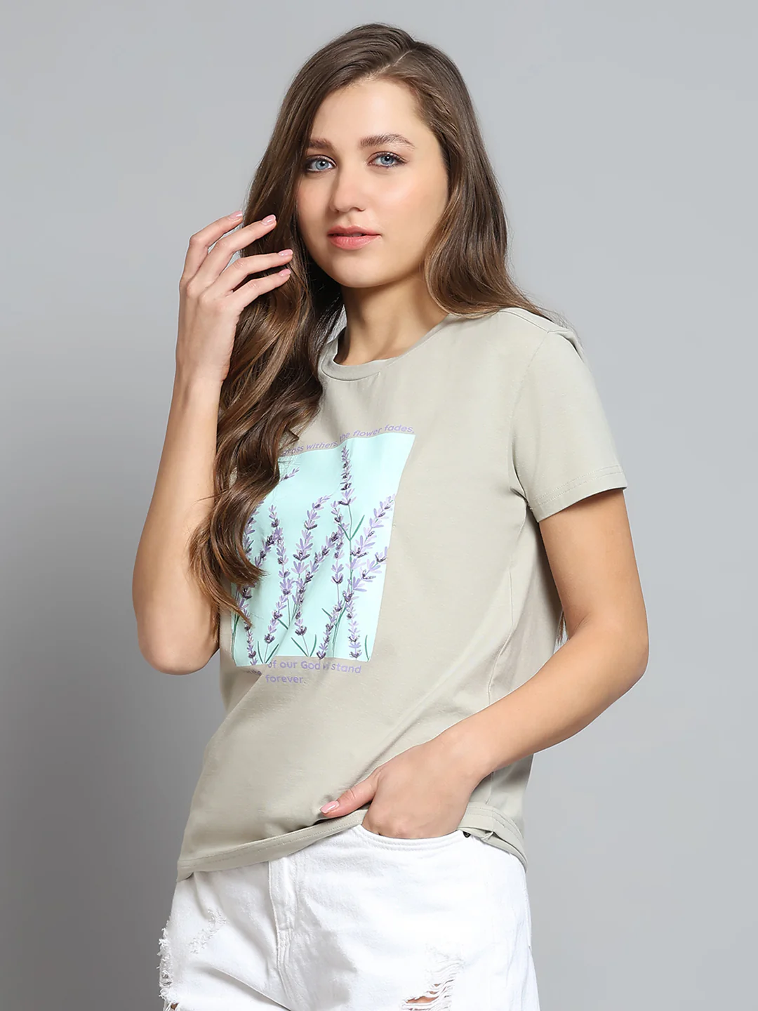 Women Grey Printed Round Neck Half Sleeve Top - Image 3