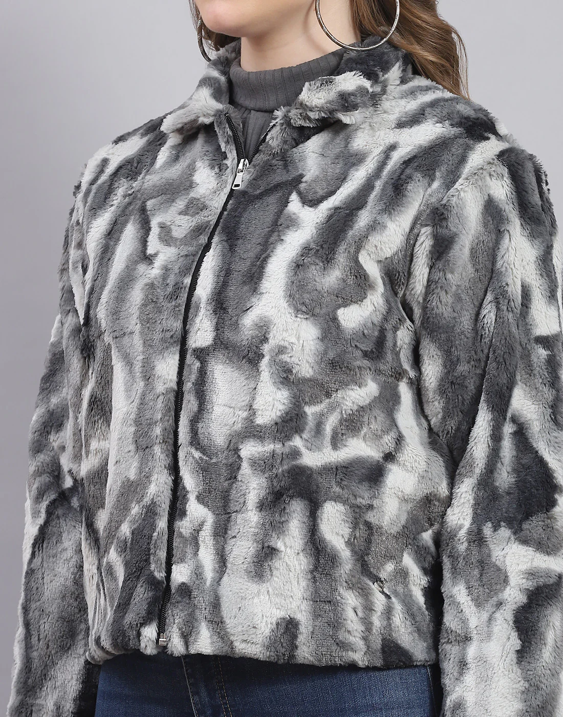 Women Grey Printed Stand Collar Full Sleeve Jacket - Image 6