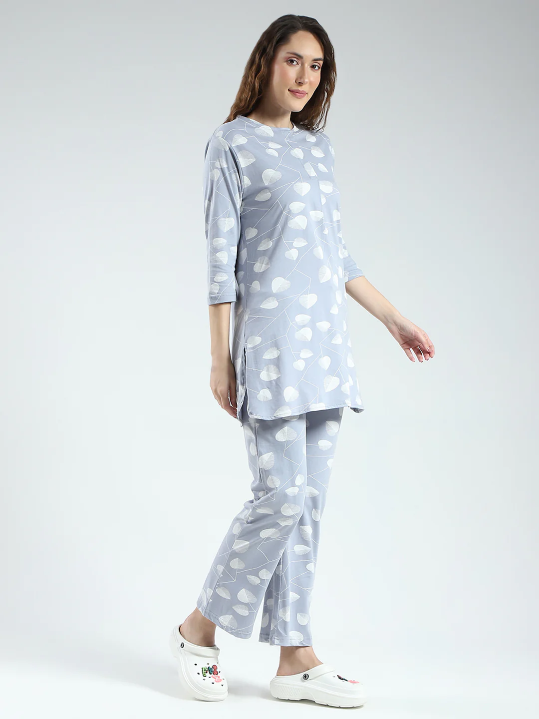 Women Grey Printed Round Neck 3/4th Sleeve Lower Set - Image 4