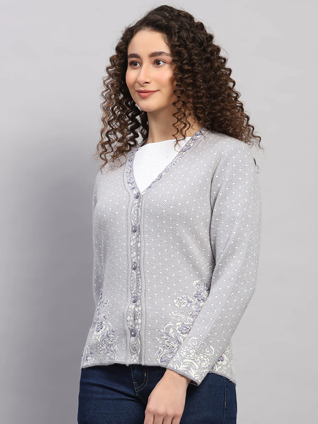 Women Grey Printed V Neck Full Sleeve Cardigan - Image 3