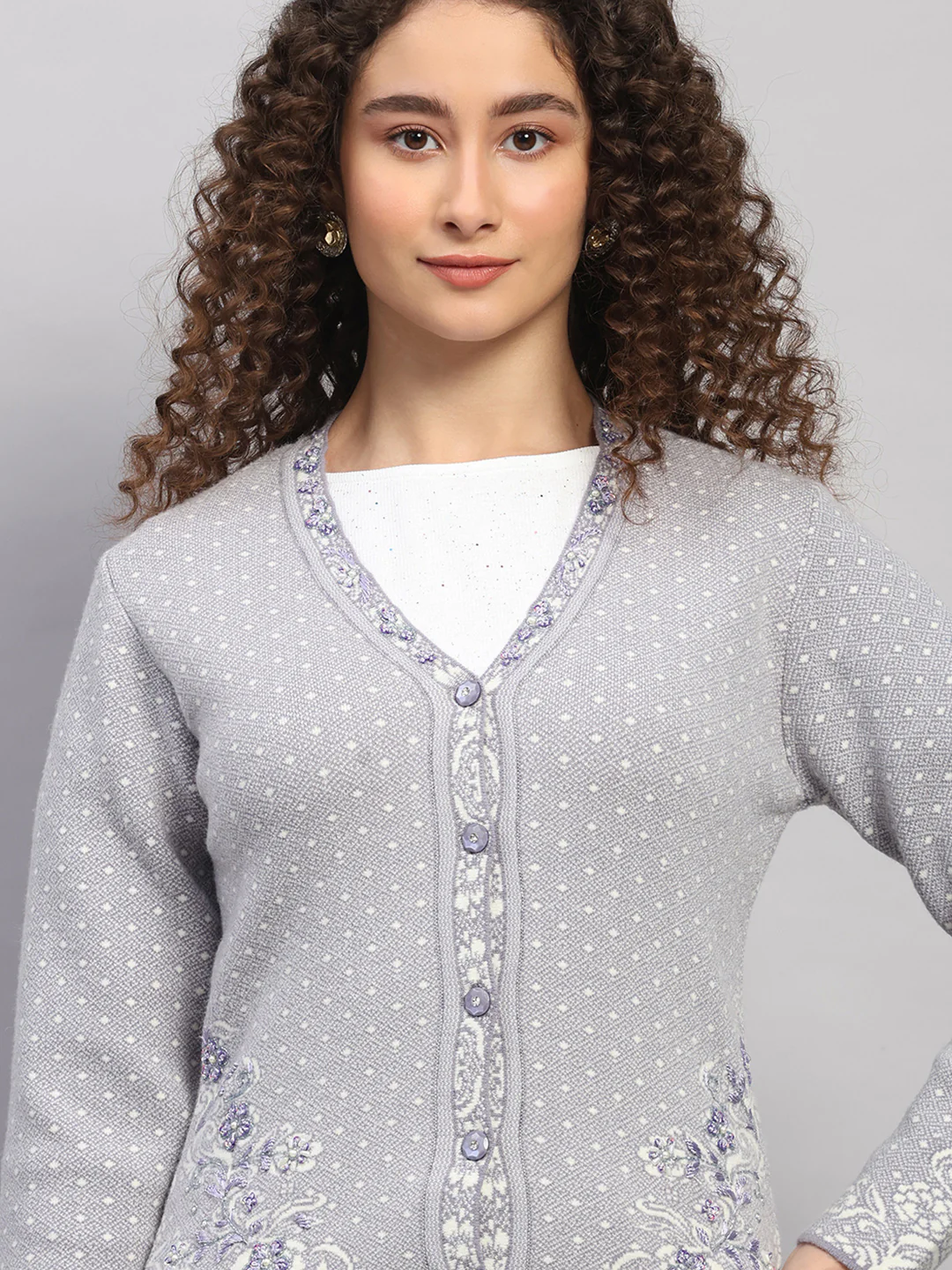 Women Grey Printed V Neck Full Sleeve Cardigan - Image 7