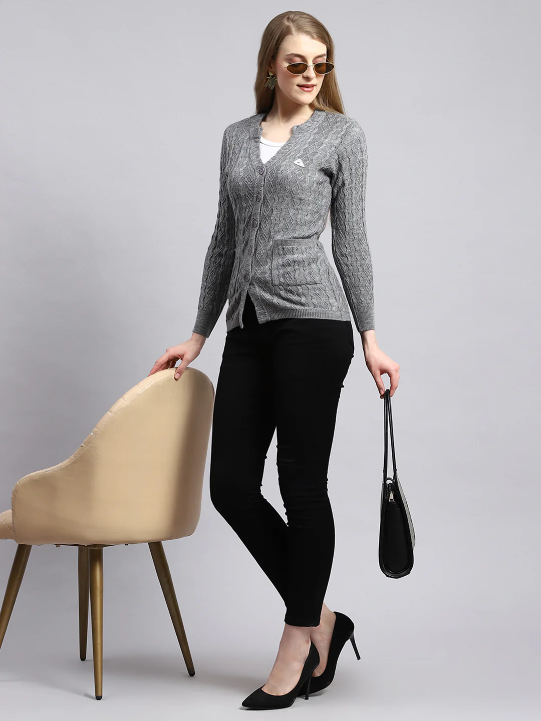 Women Grey Self Cardigan - Image 5