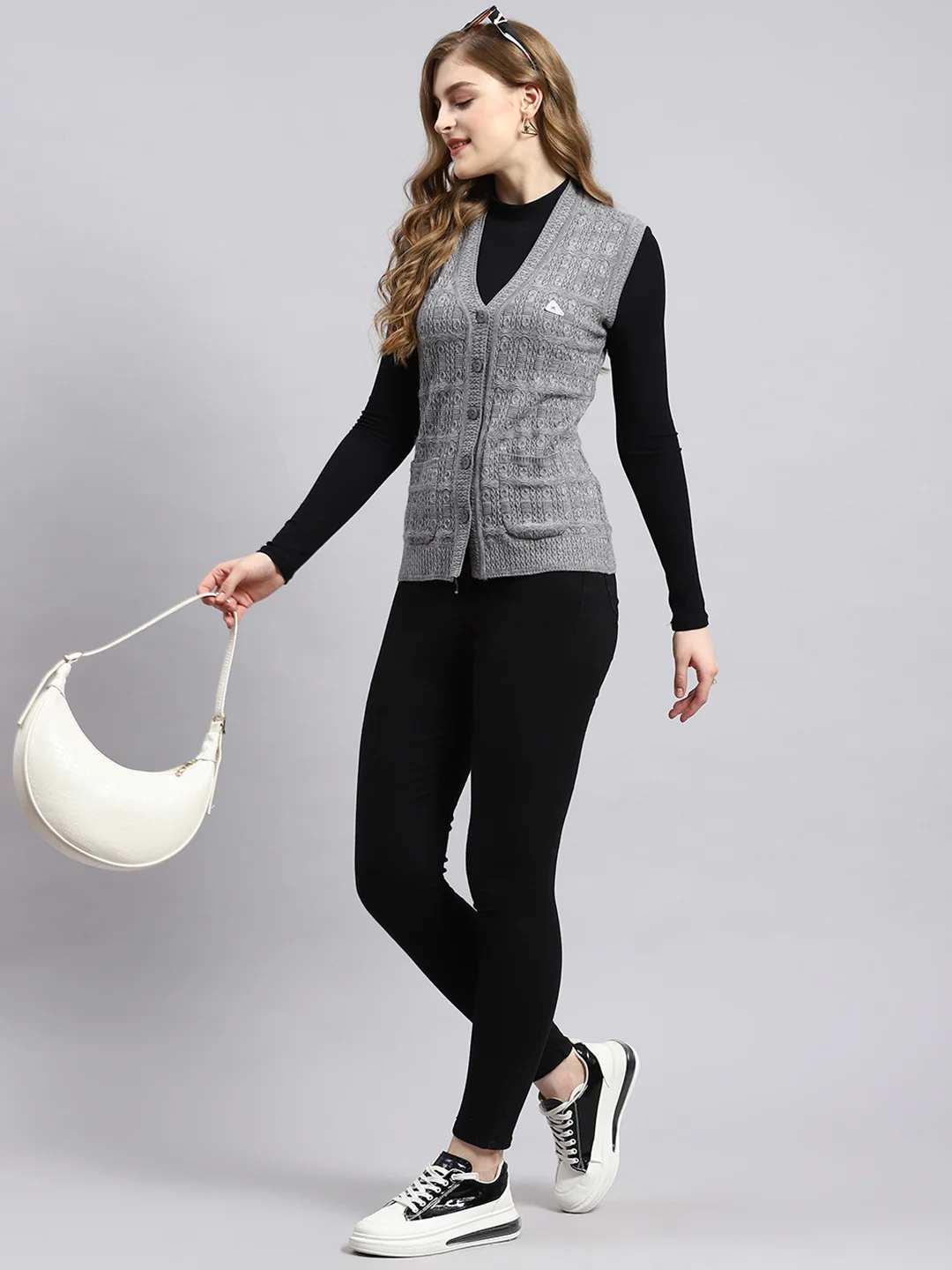 Women Grey Self Cardigan - Image 5