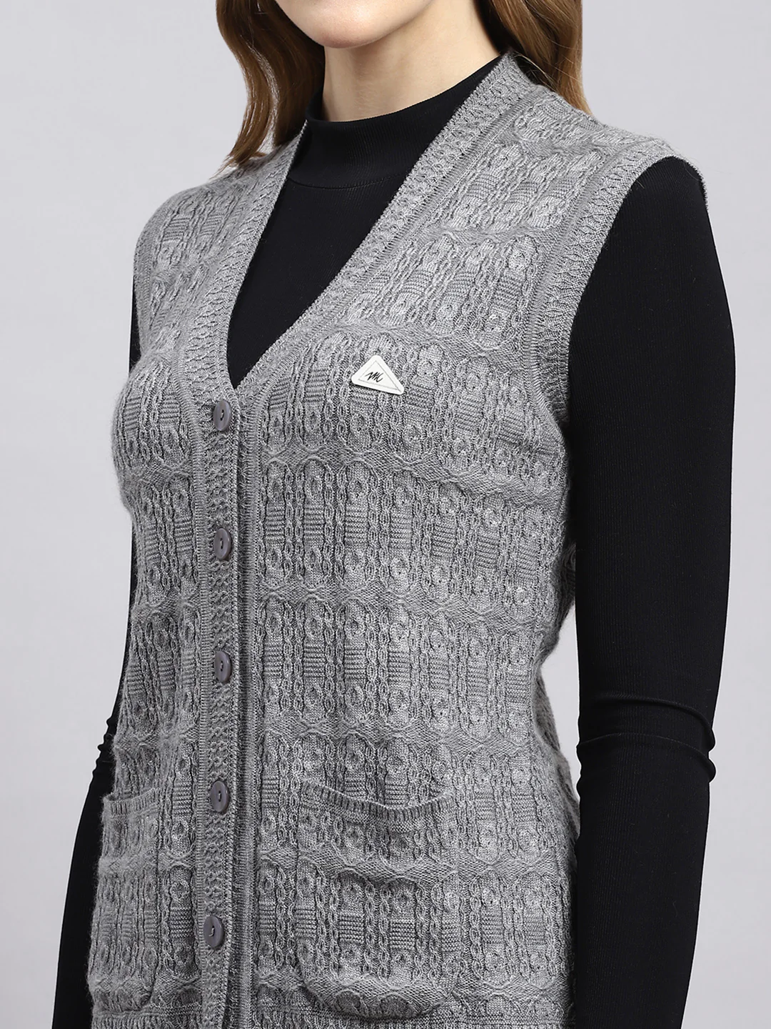 Women Grey Self Cardigan - Image 6