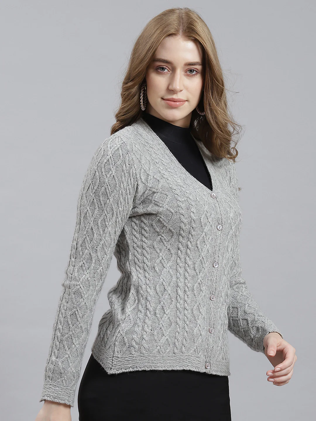 Women Grey Self Cardigan - Image 3