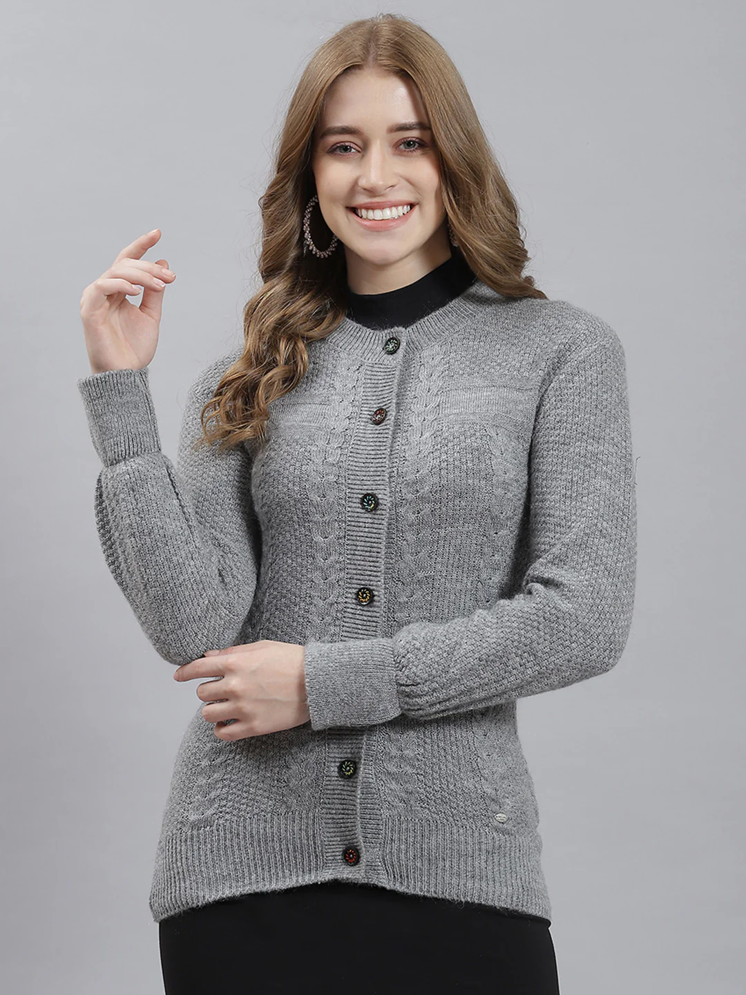 Women Grey Self Cardigan - Image 2