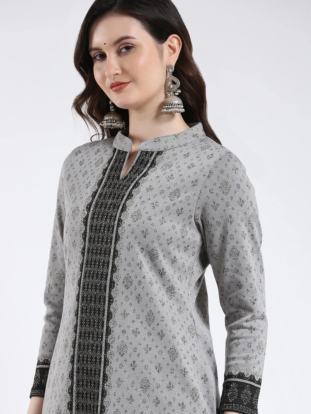 Women Grey Self Design Band Neck Full Sleeve Kurti Set for Winter - Image 6
