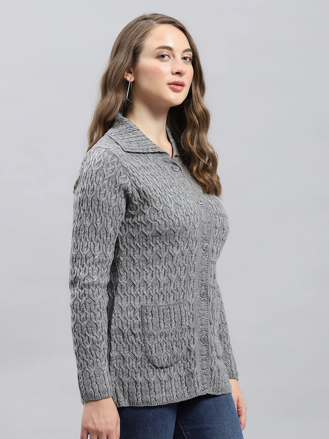 Women Grey Self Design Collar Full Sleeve Cardigan - Image 4
