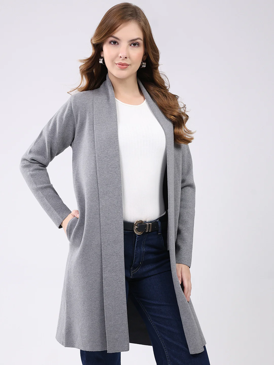 Women Grey Self Design Collar Full Sleeve Cardigan - Image 4