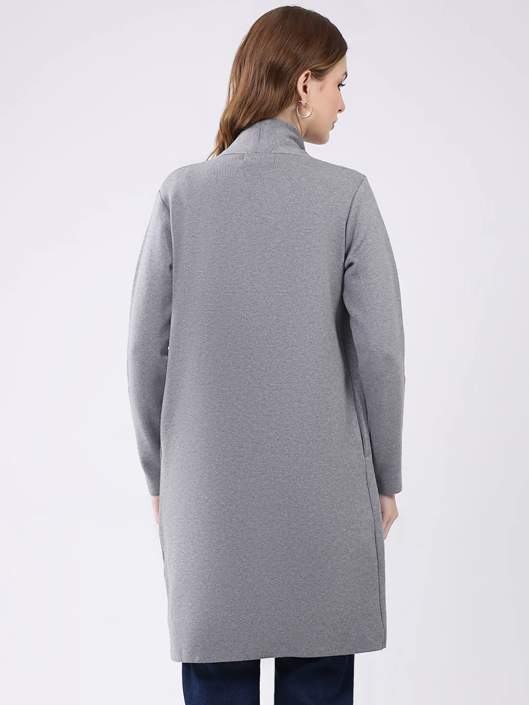 Women Grey Self Design Collar Full Sleeve Cardigan - Image 5