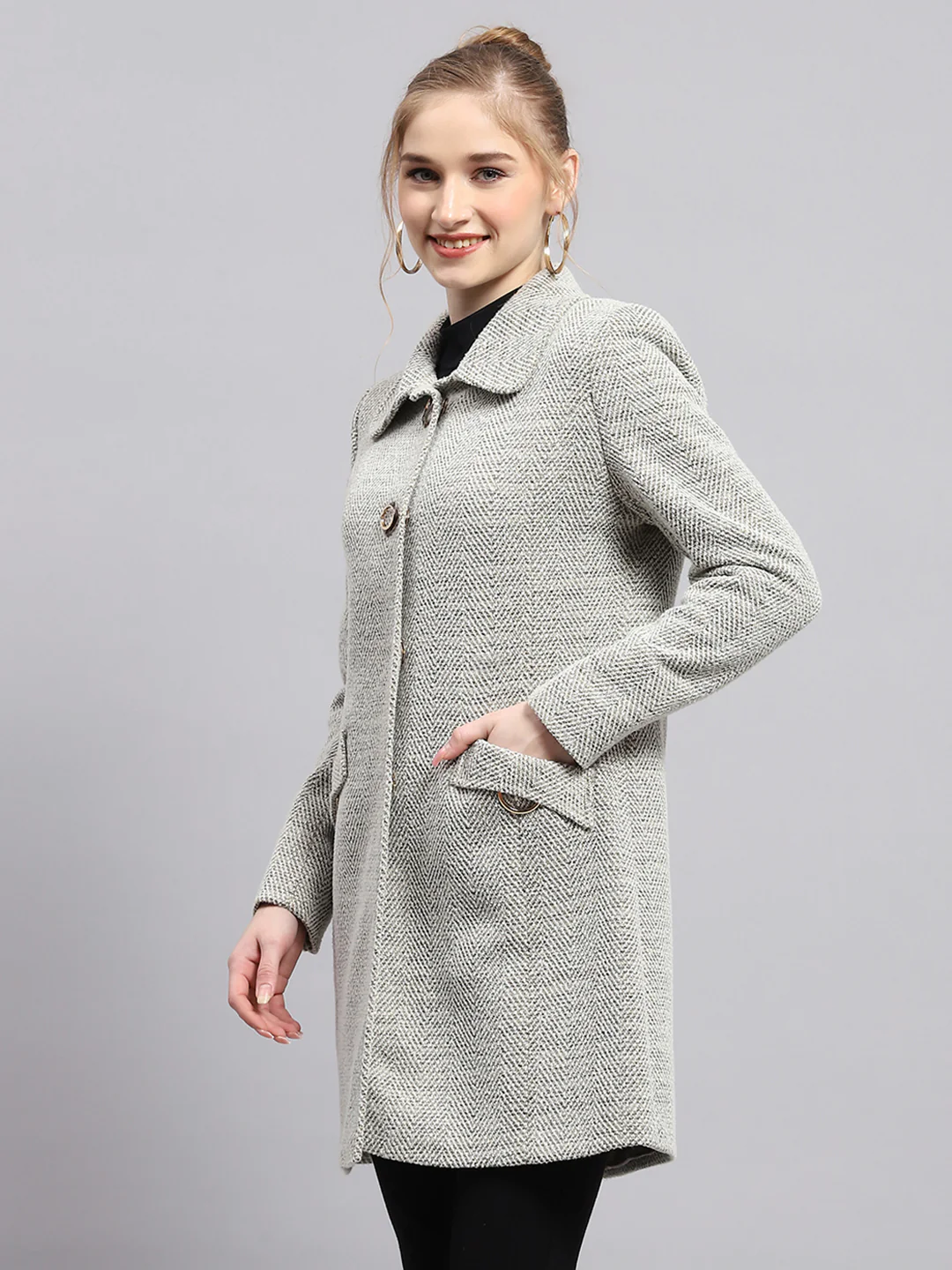 Women Grey Self Design Collar Full Sleeve Coat - Image 3