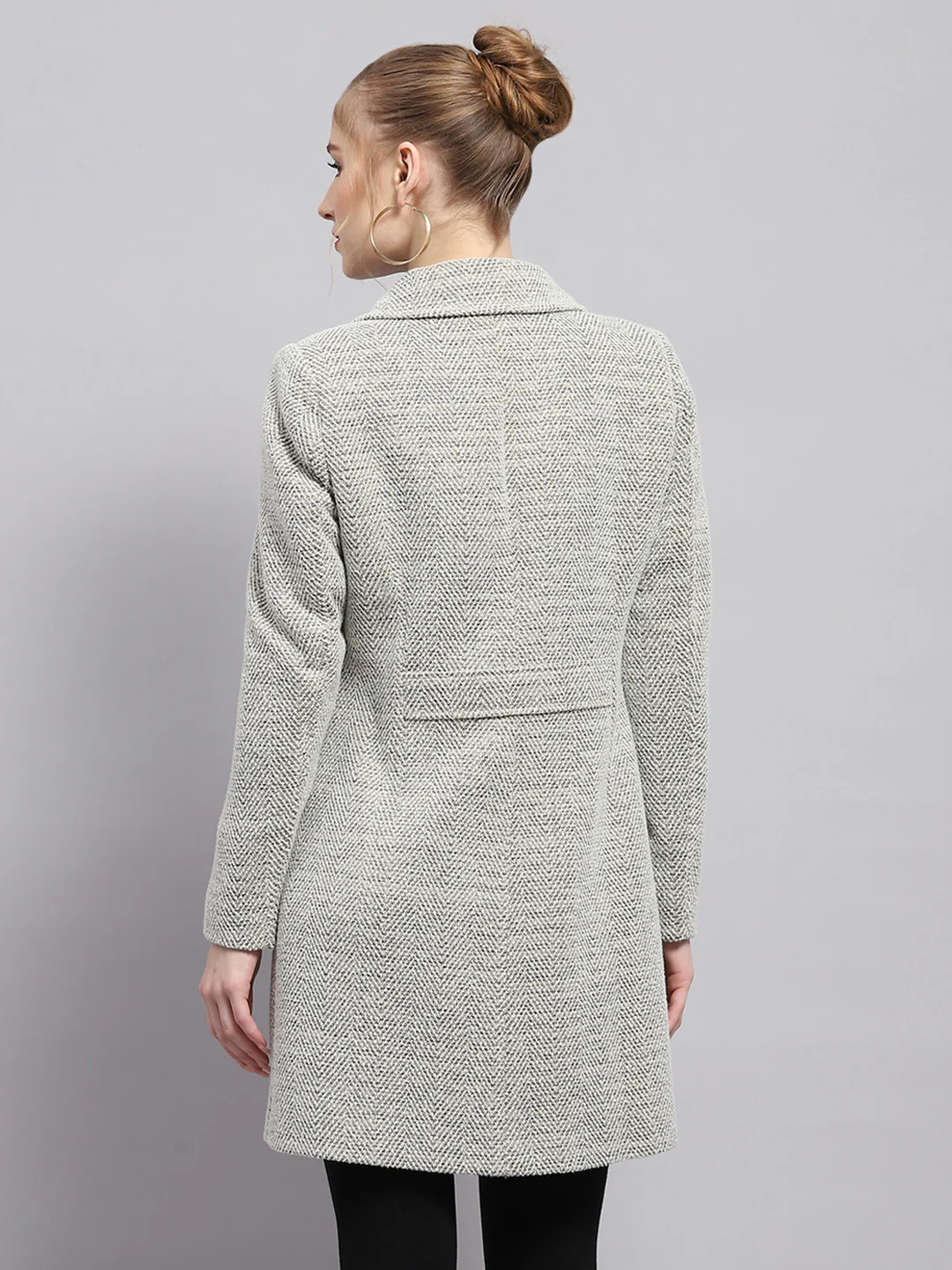 Women Grey Self Design Collar Full Sleeve Coat - Image 5