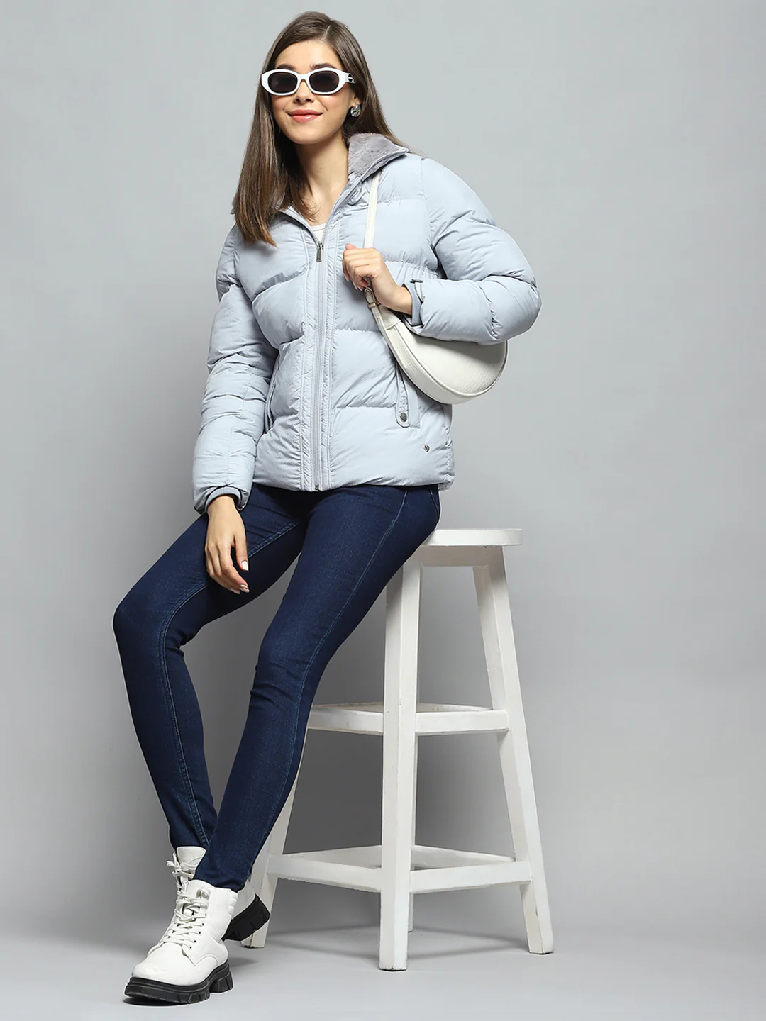 Women Grey Self Design Collar Full Sleeve Jacket - Image 2