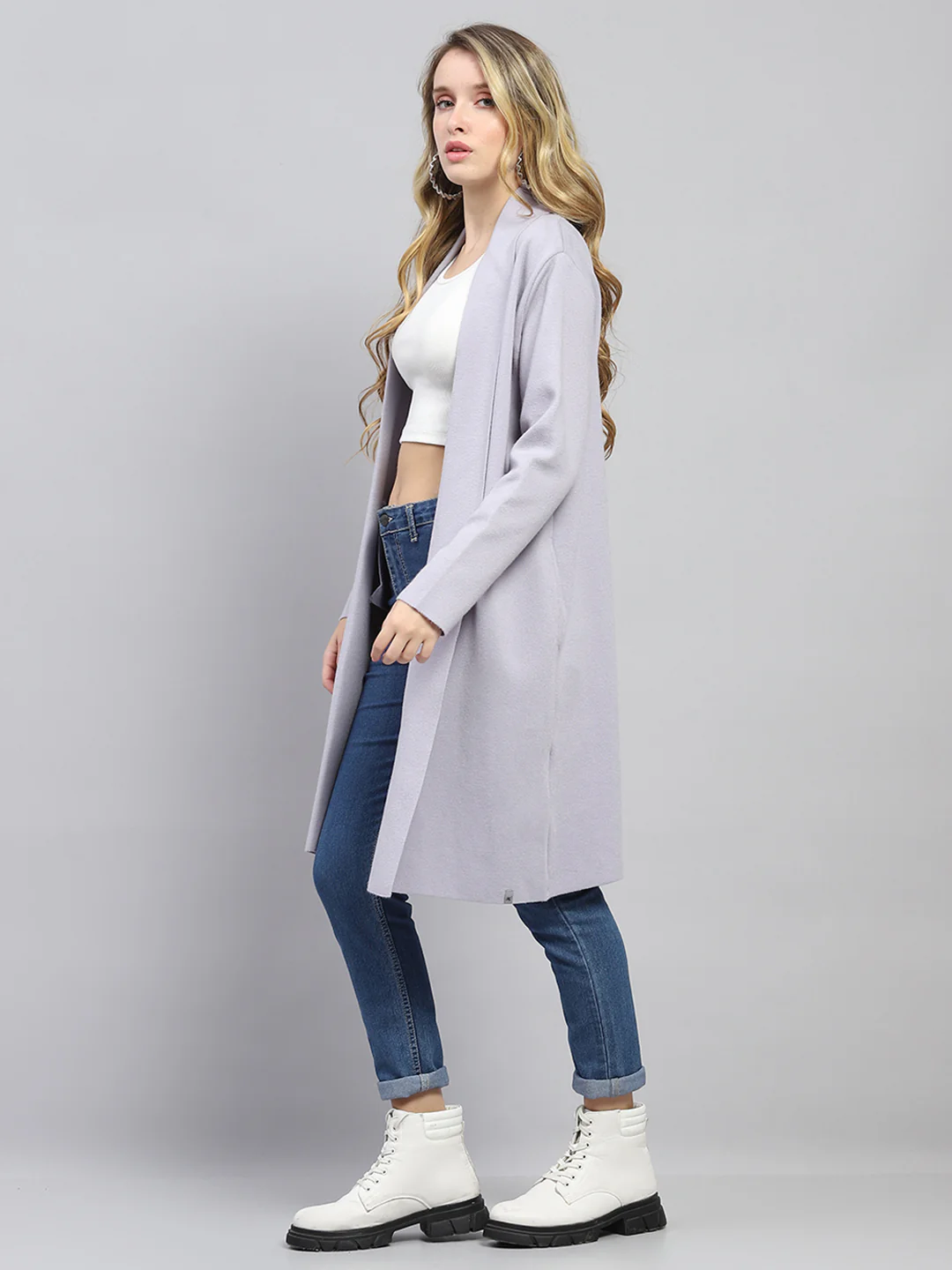 Women Grey Self Design Front Open Full Sleeve Cardigan - Image 3
