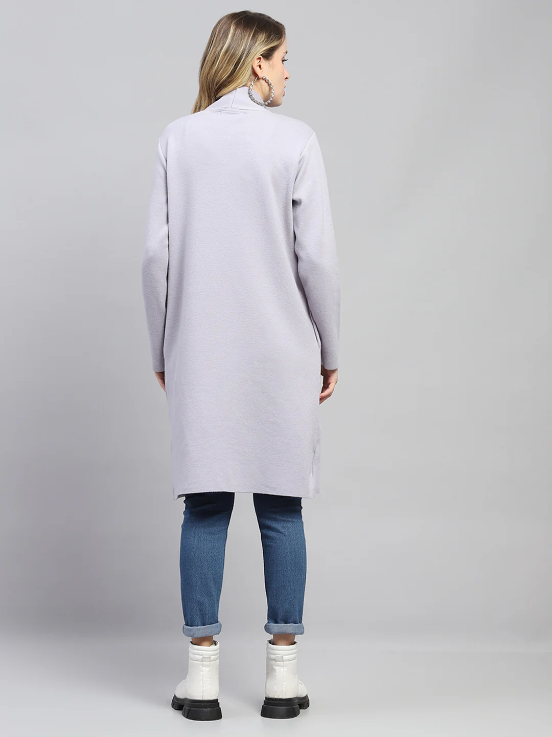 Women Grey Self Design Front Open Full Sleeve Cardigan - Image 5