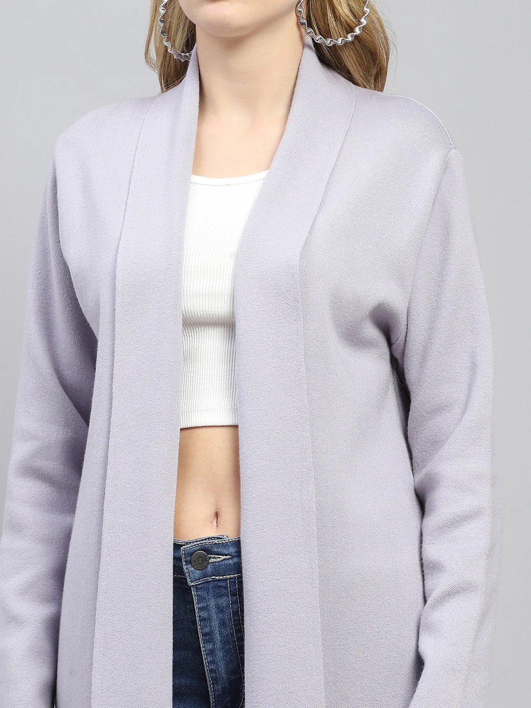Women Grey Self Design Front Open Full Sleeve Cardigan - Image 6