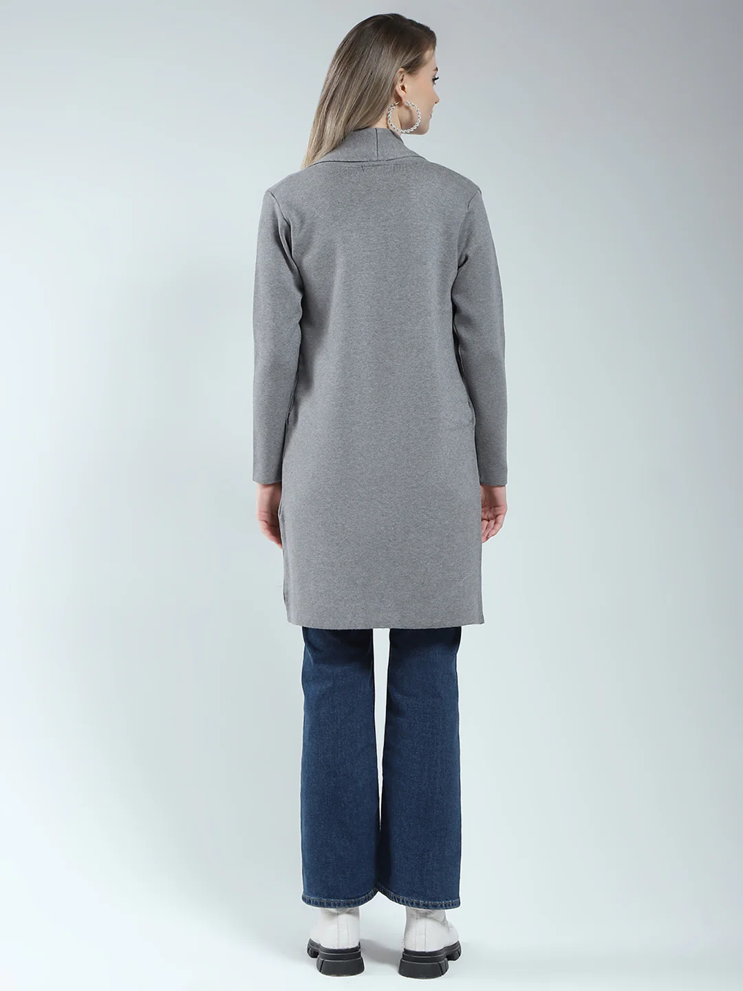 Women Grey Self Design Front Open Full Sleeve Cardigan - Image 5