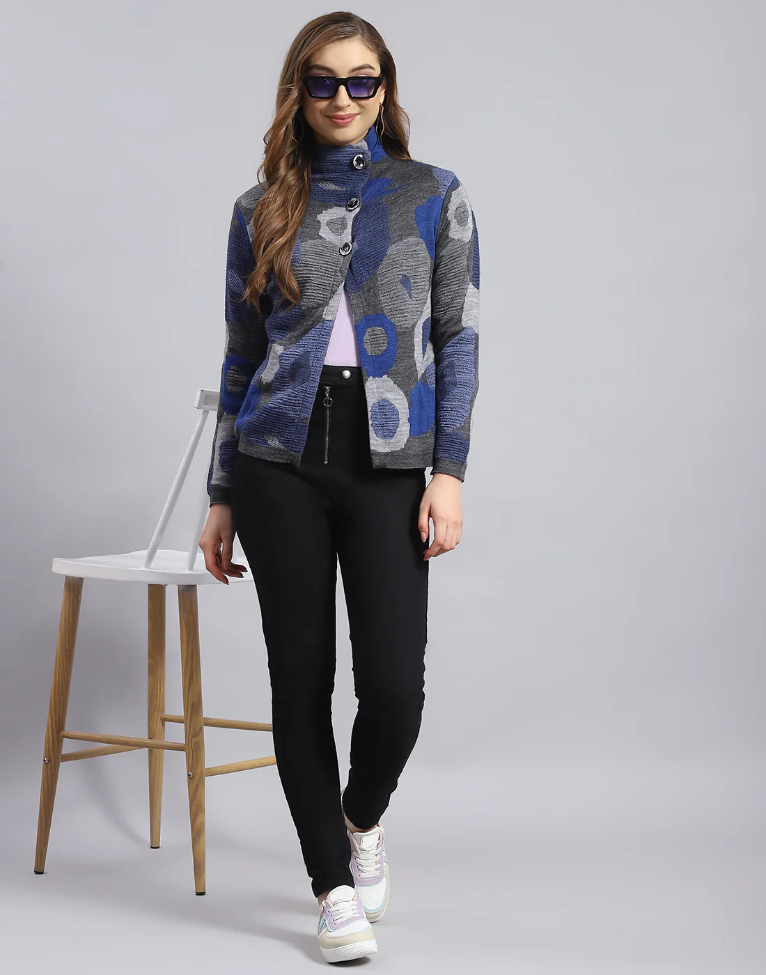 Women Grey Self Design H Neck Full Sleeve Sweater - Image 2