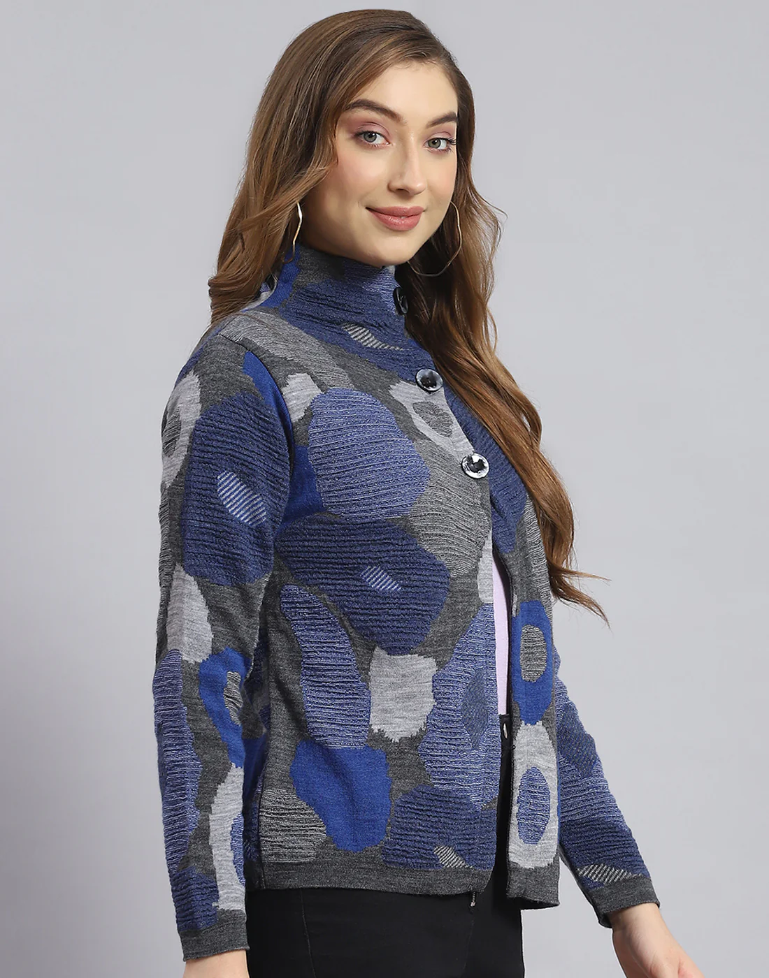 Women Grey Self Design H Neck Full Sleeve Sweater - Image 4