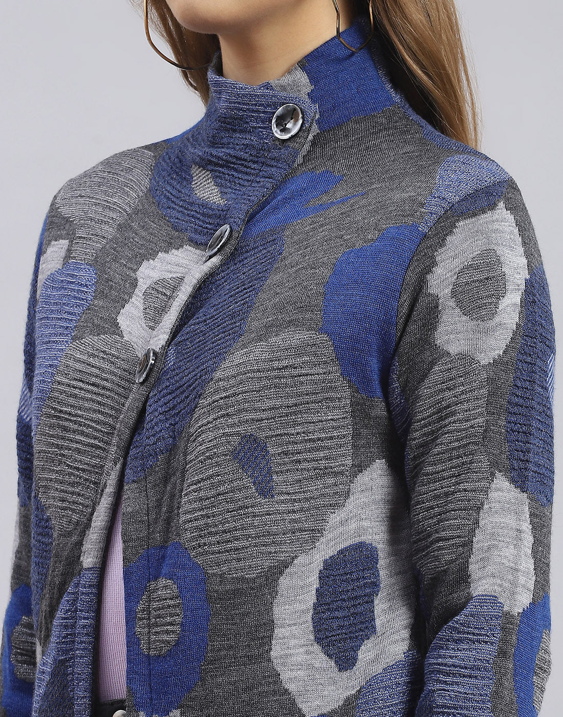 Women Grey Self Design H Neck Full Sleeve Sweater - Image 6