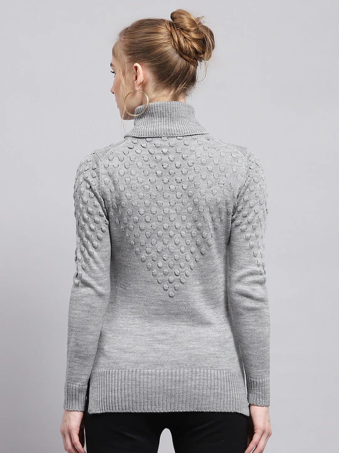 Women Grey Self Design High Neck Full Sleeve Winter Tops - Image 5