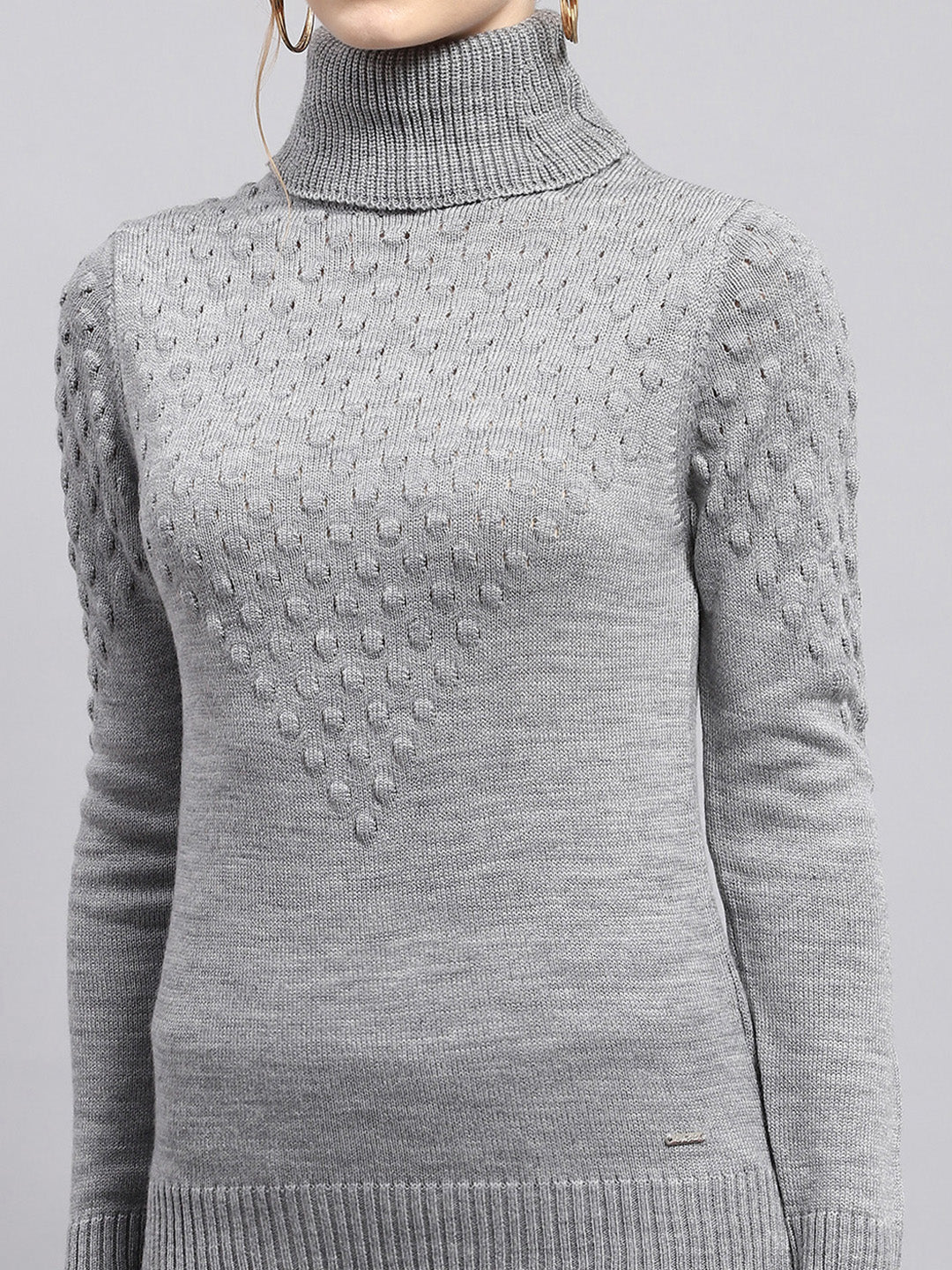 Women Grey Self Design High Neck Full Sleeve Winter Tops - Image 6
