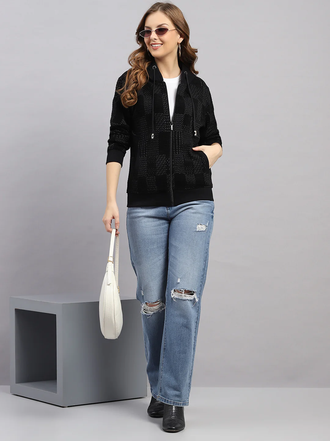 Women Grey Self Design Hooded Full Sleeve Sweatshirt - Image 2