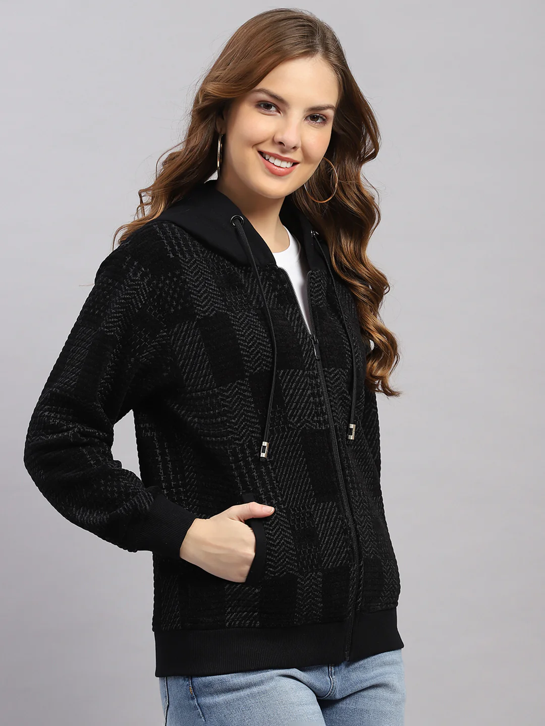 Women Grey Self Design Hooded Full Sleeve Sweatshirt - Image 4