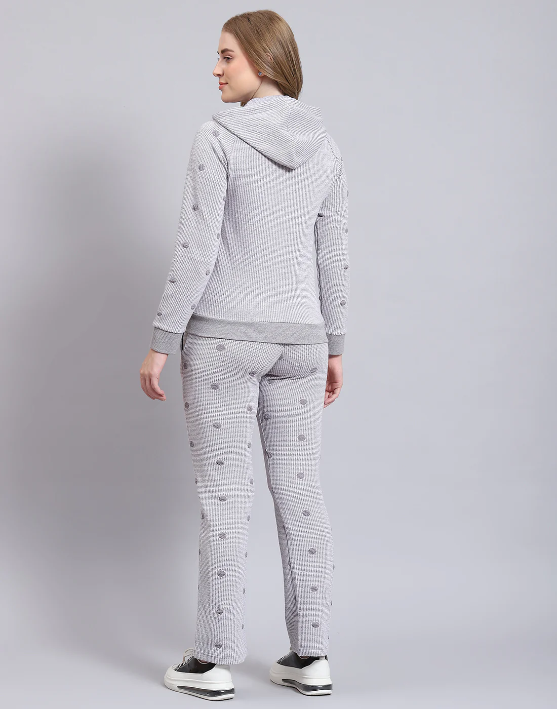 Women Grey Self Design Hooded Full Sleeve Tracksuit - Image 7