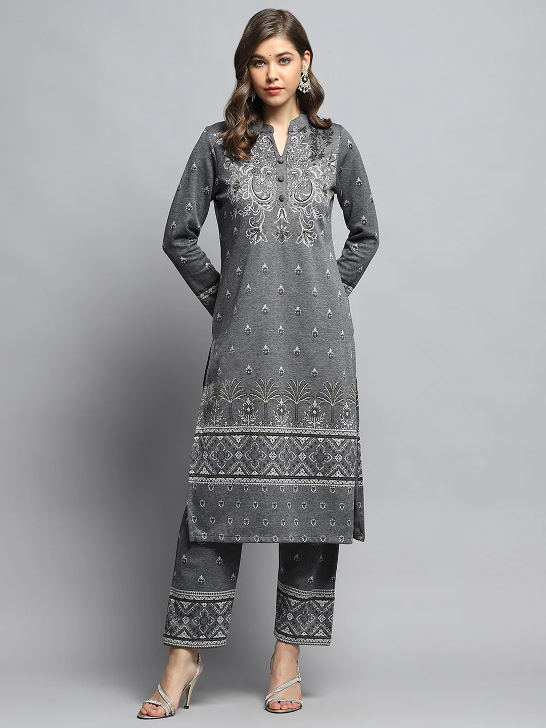 Women Grey Self Design Mandarin Collar Full Sleeve Kurti Set - Image 3