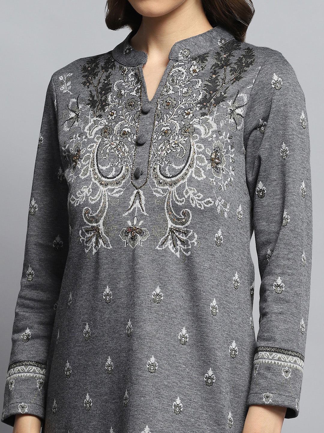 Women Grey Self Design Mandarin Collar Full Sleeve Kurti Set - Image 6