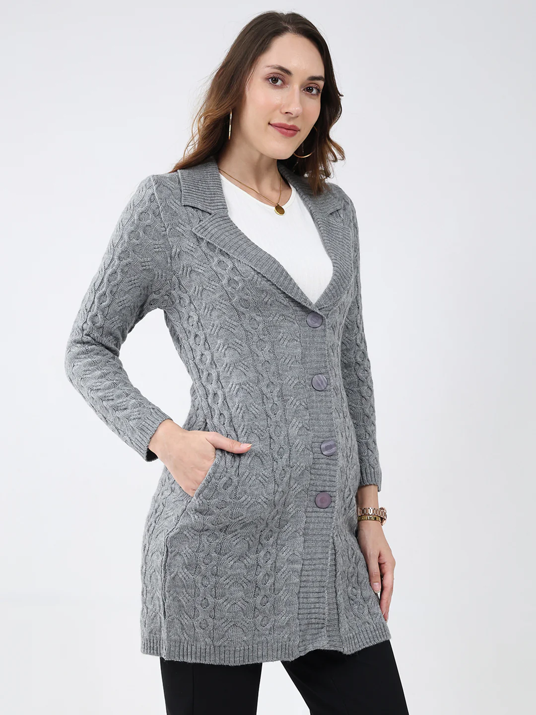 Women Grey Self Design Notch Lapel Collar Full Sleeve Cardigan - Image 4