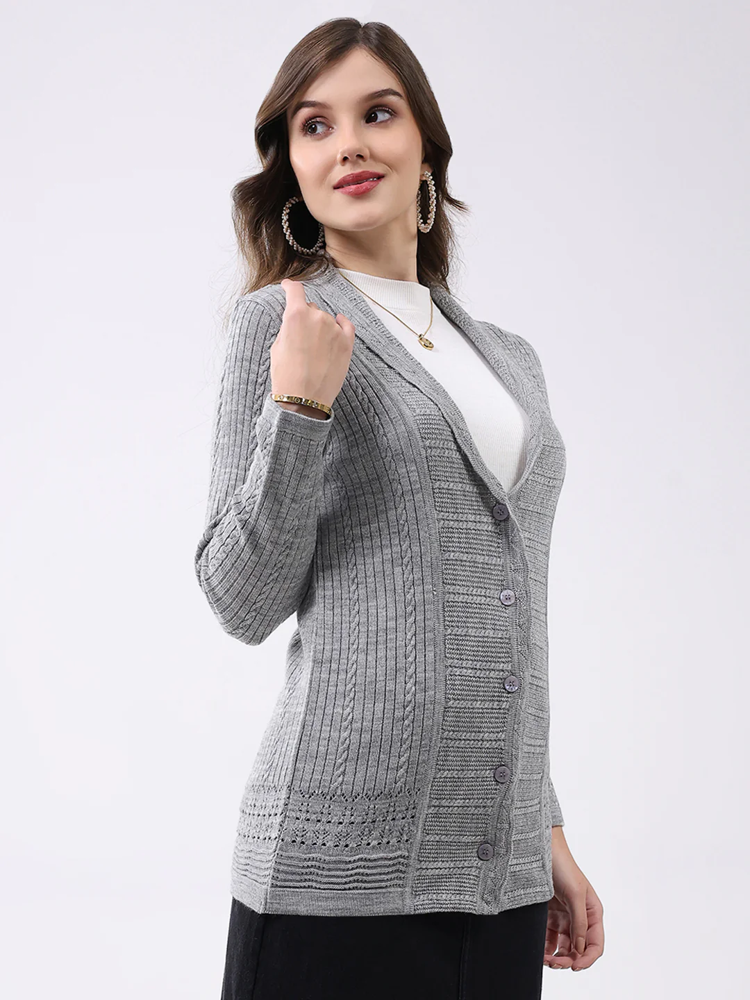 Women Grey Self Design Notch Lapel Collar Full Sleeve Cardigan - Image 4