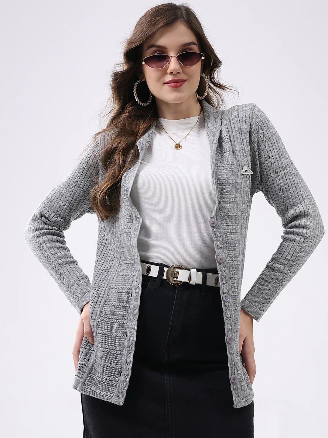 Women Grey Self Design Notch Lapel Collar Full Sleeve Cardigan - Image 6
