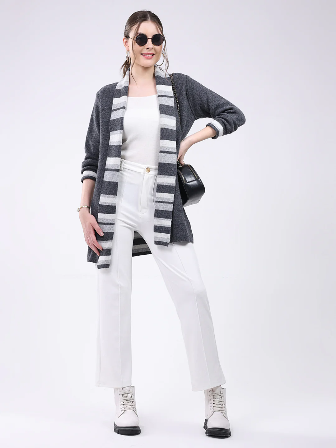 Women Grey Self Design Notch Lapel Collar Full Sleeve Cardigan - Image 2