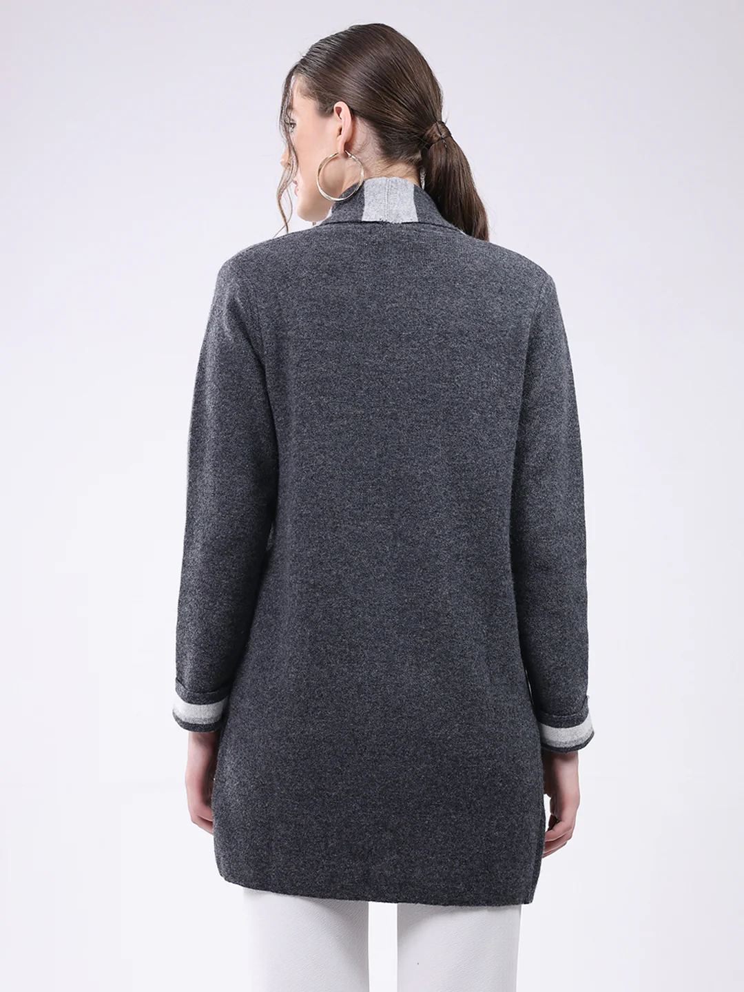 Women Grey Self Design Notch Lapel Collar Full Sleeve Cardigan - Image 5